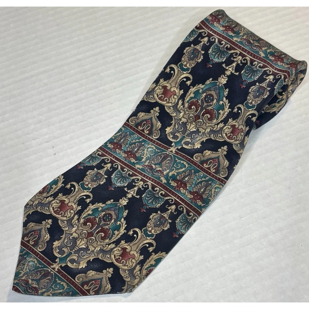 Metropolitan Museum of Art 100% Silk Tie Ornate Teal Burgundy Gold on Black 4"W